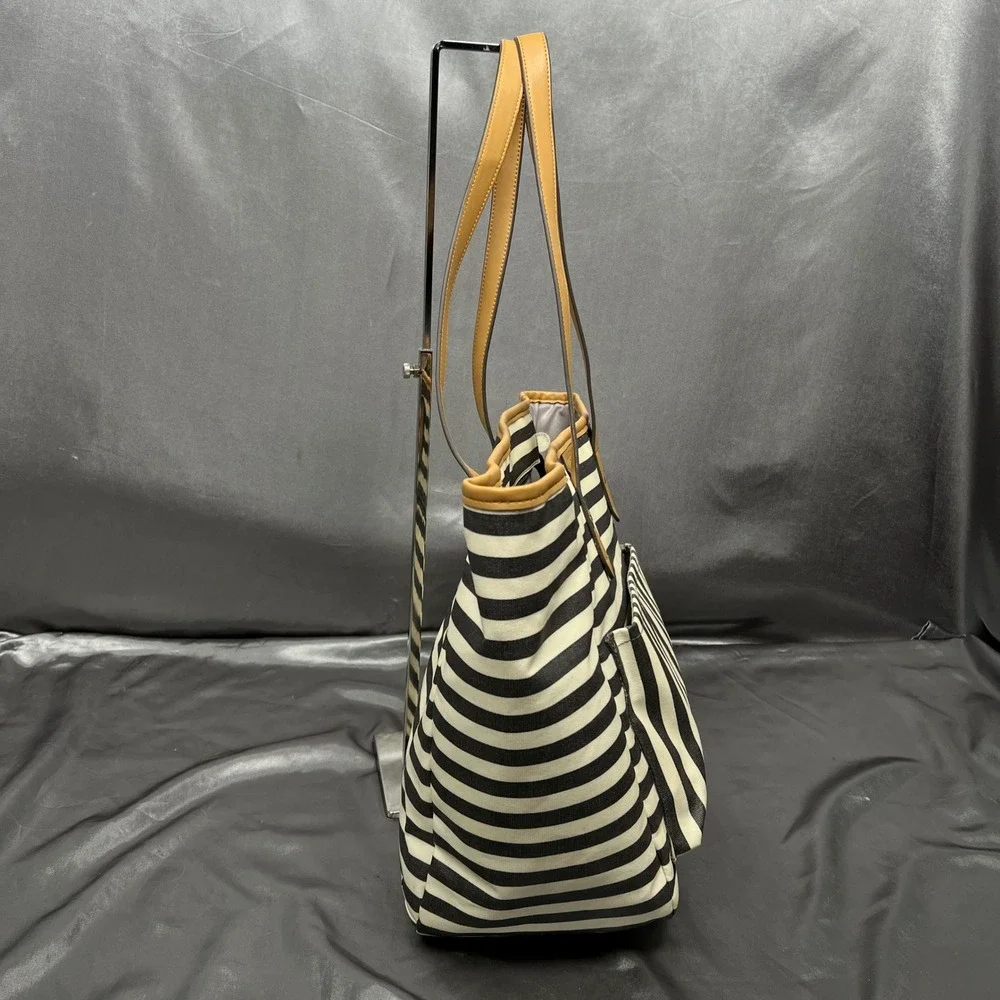 TWELVElittle Stripe Diaper Bag Tote Black White Tan Coated Canvas Large Carryall